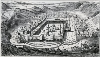 Udsigt over Mekka og dens store moské på tidspunktet for pilgrimmenes besøg - gravering fra det 19. århundrede af Unknown artist