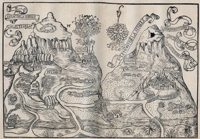Udsigt over Mount Sibille (Paradis of Queen Sybille) (Dobbeltkort over Mount Pilatus og Mount Sibyl) - Antoine de La Sale (La Salle) Fransk satireskribent fra det 15. århundrede. af Unknown artist