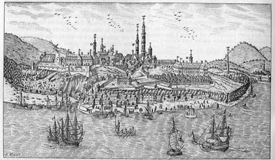 Udsigt over Quebec City i Canada (slutningen af det 17. århundrede): A. Jardin du fort. B. Fortet. C. Pulverlager. D. Les Recollets. E. Ursulines. F. Jesuiterne. G. Domkirken. H. Seminaret. I. Hotel Dieu. L. Almenhospital. Hr. L