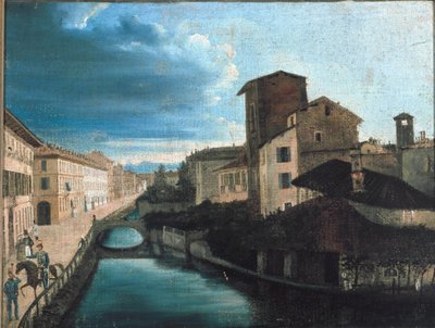Udsigt over San Gerolamo-kanalen i Milano (olie på træ af Unknown artist