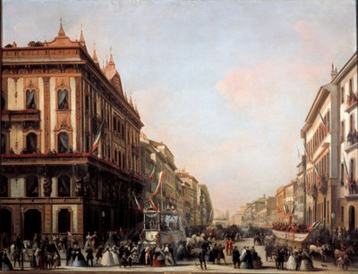 Udsigt over Venezia-gaden med karnevalsflyder, Milano (maleri af Unknown artist
