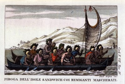 Udsigt over en kano med sejl fra Hawaii-øerne i Polynesien, besætningen bærer typiske masker. Litografi fra begyndelsen af 1800-tallet af Unknown artist