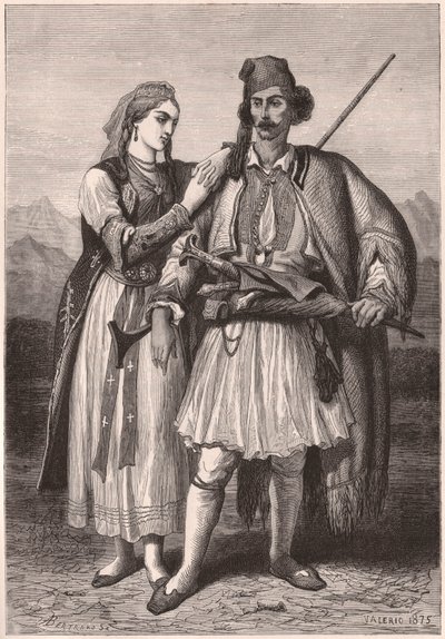 Udsigt til et par i albansk traditionel dragt i det XIX århundrede af Unknown