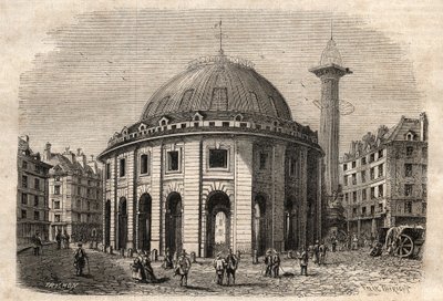 Udsigt over halle au ble i Paris (bygget i 1763-1769) og Medici-søjlen, gravering fra begyndelsen af det 19. århundrede - hvede- og majsudveksling i Paris (bygget i 1763-1769), gravering i begyndelsen af det 19. århundrede - Vue de la Halle au ble, placere af Unknown artist