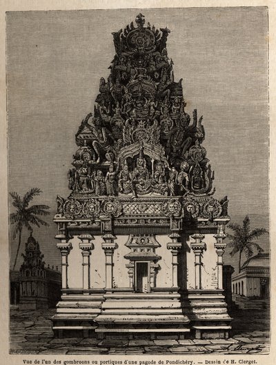 Udsigt over en af gombrooons eller porticos af en pondichery pagode (Pondicherry) (Indien). Gravering til illustration af en ekspedition til pagoden Chillambaran (Coromandel cote), fra 1838 til 1844, af kontraadmiralen Paris, direktør for depot des cartes af Unknown artist