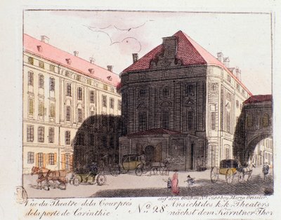Udsigt over Hofteatret nær Kärntenporten (Karntnertortheater eller Theater am Karntnertor) i Wien, hvor Beethovens 9. symfoni første gang blev repræsenteret den 07/05/1824. Østrig. Stik fra 1815 Privatsamling af Unknown artist