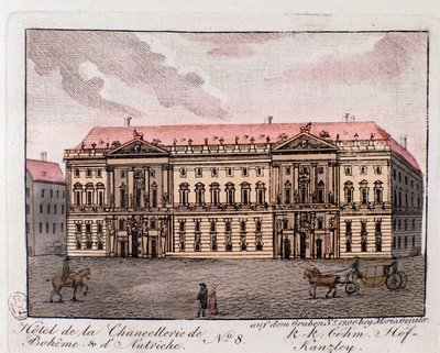Udsigt over hotellet for kancelliet i Boheme og Østrig i Wien, Østrig. Stik fra 1815 Privatsamling af Unknown artist