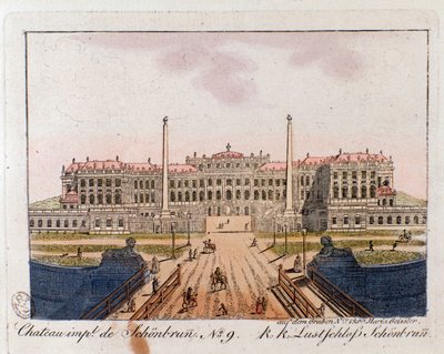 Udsigt over det kejserlige slot Schonbrunn (Schonbrun) (16.-17. århundrede) nær Wien, Østrig Gravering af 1815 privat samling af Unknown artist