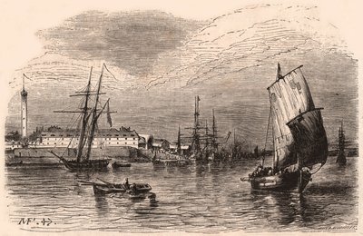 Udsigt over havnen i Lorient, Morbihan, Bretagne, Frankrig: sejlbåde og båd i forgrunden, havnebygninger og fyrtårn i baggrunden af Unknown