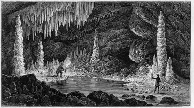 Udsigt over Reclere-hulen i Schweiz. Indgravering i "" Nature. Journal of science og dets anvendelser til kunst og industri. af Unknown artist