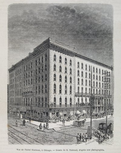 Udsigt over Sherman Hotel i Chicago - i "" Le tour du monde"" af Unknown artist