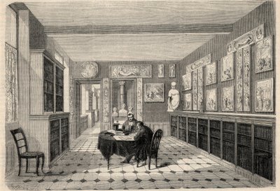 Udsigt over Victor Cousin-biblioteket på Sorbonne-universitetet i Paris. Gravering i "" L