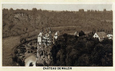 Udsigt over slottet Walzin i Vallonien (Belgien) ved bredden af floden Lesse. Kromolitografi i slutningen af det 19. århundrede. af Unknown artist