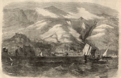 Udsigt over byen Funchal på øen Madere (Madeira) i Portugal. Indgravering i ""The Illustrated London News"" af 29. februar af Unknown artist