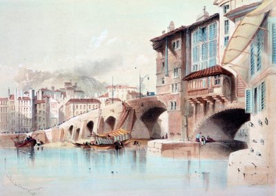 Udsigt over byen Lyon og Pont de Charge. Akvarel fra 1837. Paris, B.N. af Unknown artist