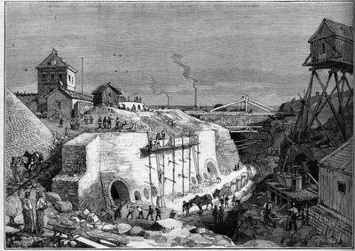 Udsigt over byggepladsen for drikkevandstankene i Villejuif. Indgravering i "" Le Monde Illustré"" nr. 1300 af 25. februar af Unknown artist