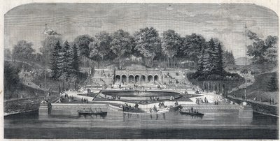 Udsigt over haven "" Central Park"" i New York, USA. Arkitektur af Frederick Law Olmsted (1822-1903) og (1824-1895) i Manhattan-distriktet. Indgravering i "The Illustrious Universe" af Unknown artist