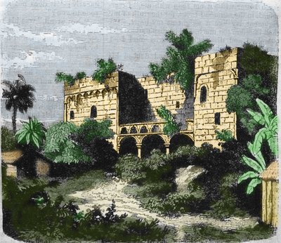 Udsigt over huset "" Alcazar de Colón"" bygget af Christopher Columbus til hans søn Diego Columbus (Diego Colon y Moniz) (1480-1526), på en ø Santo Domingo. Indgravering af det 19. århundrede. af Unknown artist