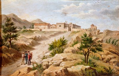 Udsigt over huset til den italienske patriot og helte fra Risorgimento Giuseppe Garibaldi (1807-1882) a Caprera (Sardinien) Garibaldi er med to bønder til venstre i billedet. Anonymt maleri af det 19. århundredes Rom Museo del Risorgimento af Unknown artist