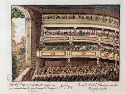 Udsigt over det indre af Imperial Theatre i Josephstadt-distriktet i Wien. Østrig (Indvendigt billede af det kejserlige teater i distriktet Josephstadt i Wien, Østrig) Gravering fra 1815 Privat samling af Unknown artist