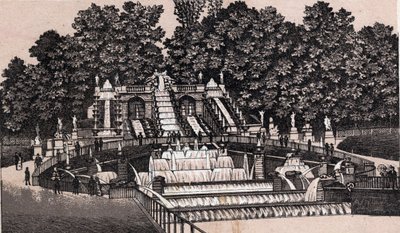 Udsigt over det store vandfald i parken Saint Cloud (Saint-Cloud), Frankrig. i "" Verden illustrerer 168 visninger"" Udateret (slutningen af 1800-tallet) af Unknown artist