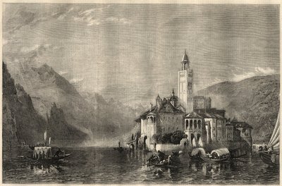 Udsigt over klostret Mater Ecclesiae på øen Saint Jules (Saint Jules) (San Giulio) ved Orta-søen (Lake Cusio) i Italien. Gravering efter et maleri af William Collingwood Smith (1815-1887). I "The Illustrated London News" af 22. marts af Unknown artist