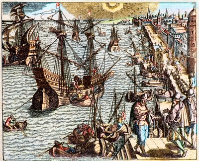 Udsigt over havnen i Lissabon i det 16. århundrede - af Unknown artist