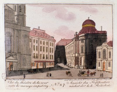 Udsigt over teatret og gården mod den kejserlige manege i Wien, Østrig. Stik fra 1815 Privatsamling af Unknown artist