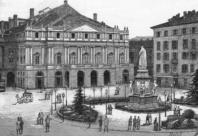 Udsigt over teatret i La Scala i Milano, Italien. (Teatro alla Scala Milano) Indgravering i ""The Illustrous World"" af Unknown artist