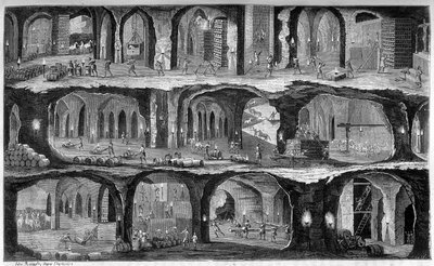 Udsigt over underjordiske arbejder i saltminerne i Wieliczka, Galicien. I "" Les wonders de l