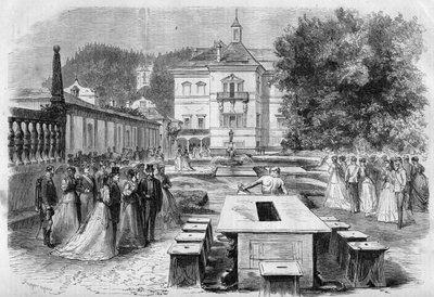 Besøg af kejser Francois-Joseph (1830-1916) og Impress Elisabeth af Østrig (Sissi) (1837-1898) med Eugenie (1826-1920), Impress af franskmændene og Napoleon III til den kejserlige residens Hellbrunn i Østrig den 21. august af Unknown artist