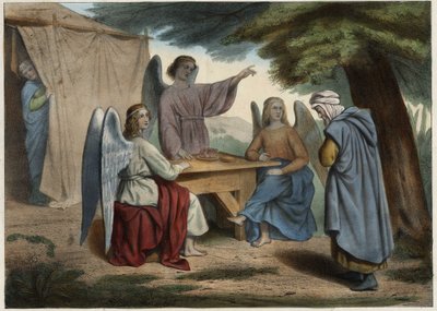 Besøg af de tre engle til Abraham: Abraham erfarer, at hans kone Sarah (dyb), allerede meget gammel, snart vil give ham en søn. Anonym stik fra midten af 1800-tallet. af Unknown artist