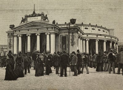 Besøgende foran Teatro Pompeiano på United Exhibitions, Milano, Italien, kobberstik efter foto af Treves-brødrene fra L