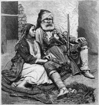 Vlach typer og kostumer (Palicare og Gypsy). Fra et fotografi af Ch. de Szathmari, fra Bukarest. Indgravering i "" Le Monde Illustré"" nr. 28 af 24. oktober af Unknown artist