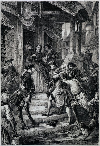 Voltaire (1694 - 1778) arresteret i Frankfurt i 1753 efter ordre fra den store Frederik II - i Histoire de France fra de fjerneste tider indtil 1789 af M. Guizot af Unknown artist