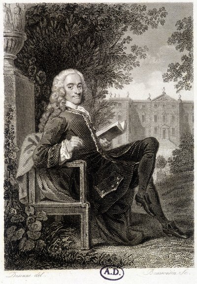 Voltaire læsning i en park - gravering af Unknown artist