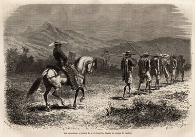 Frivillige på vej til Cali, en lang række mænd med hænderne bundet bag ryggen, forbundet med et reb til hinanden, et reb holdt af en soldat til hest, som tager dem med til en militær træningslejr. Gravering til illustration af rejsen til New Gra af Unknown artist