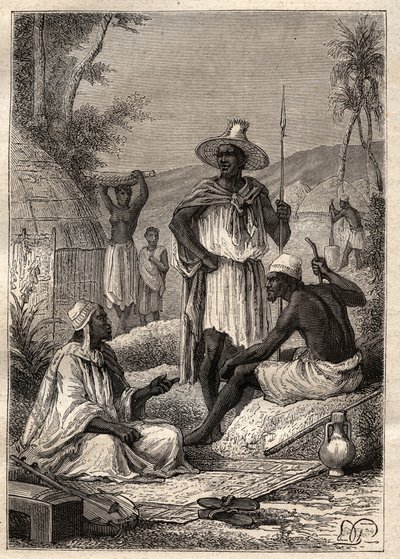 Rejse (1795) fra Mungo Park (1771-1806) til Djoliba (Niger): indfødte i Senegal - illustration taget fra "" The Great Mariners of the 18th century"" af Unknown artist