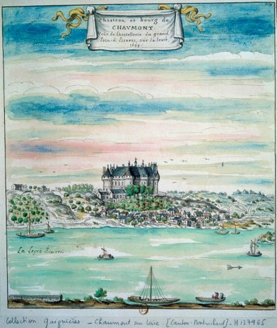 Udsigt over Chateau de Chaumont sur Loire Chateau de Chaumont-sur-Loire (Chaumont sur Loire) er et slot i Loire, Loir-et-Cher (Loir et Cher), Centre, Frankrig. Anonym akvarel fra 1699 Paris, B.N. af Unknown artist