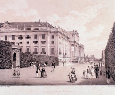 Vandrere i parken Schonbrunn Palace (Schoenbrunn) i Wien. Østrig. Tryk fra begyndelsen af 1800-tallets Privatsamling af Unknown artist
