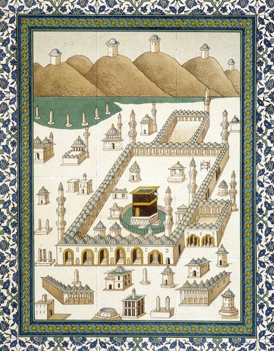 Vægfajancer: panel, der repræsenterer Kasbah (casbah) og dens omgivelser (Mekka) - i "" Arabisk kunst efter monumenterne i Kairo fra det 7. til det 18. århundrede"" af Prisse d