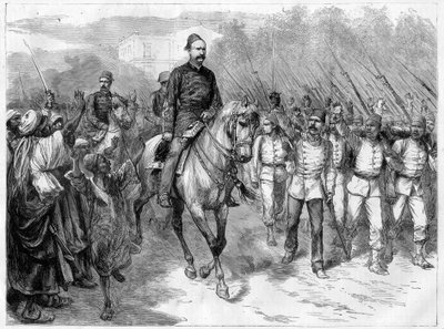 Krig i Egypten - Arabi Pashas udsendinge rekrutterer soldater blandt stammerne til at kæmpe mod briterne - Arabi Pasha (Orabi Pasha, Ahmed Urabi) (1841-1911) og hans tropper i 1882 af Unknown artist