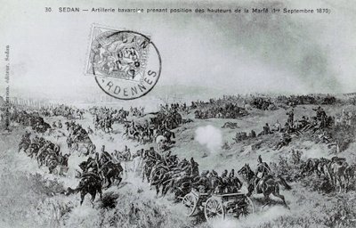 Krig i 1870: Bayersk artilleri tager stilling fra højderne af Marfe i Ardennerne den 01/09/1870. Stik fra 1870 af Unknown artist