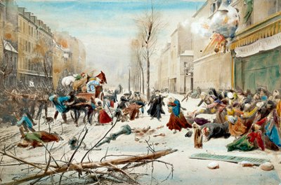 Krig i 1870: belejringen af Paris i 1870, bombardement af preusserne. Indbyggerne i Paris forlader de bombede områder under sne. Akvarel af det 19. århundrede. Paris, Musee de l