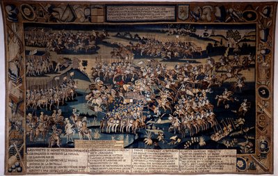 Religionskrigen: "" Slaget ved Jarnac, død af Ludvig I af Bourbon, Prins af Conde (Bourbon-Conde) (1530-1569)"" Den modsætter den 13/03/1569 Prinsen af Condes protestantiske hær til den af Frankrigs konge under kommando af hertugen af Anjou. Gobelin af Unknown artist