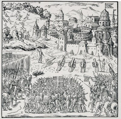 Religionskrig: Byen Nîmes belejret af Kongens Armee (Henry III) i 1576 - i "" Samling af 39 figurer, der repræsenterer Frankrigs ulykker fra 1562 til 1586""", Louis Perrin imprim. af Unknown artist