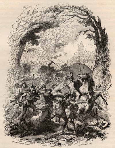 Gallernes krig: Slaget ved Aduatuca mellem det belgiske folk i Eburons og den romerske hær. Quintus Titurius Sabinus og Lucius Aurunculeius Cotta blev besejret i 54 f.Kr. Indgravering fra 1868 i "Belgiens historie fra primitive tider til slutningen af ​​de af Unknown artist