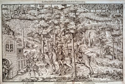 Religionskrige 1562-1598 "" Mordet på Francois I af Lorraine (1519-1563) Anden hertug af Guise den 18/02/1563. En katolsk leder blev han dræbt af calvinisten Jean de Poltrot de Mere eller Merey. Stik af det 16. århundrede. Paris, B.N. af Unknown artist