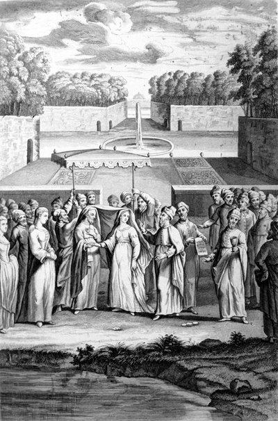 Bryllup efter den hebraiske ritual. 1800-tals gravering. af Unknown artist
