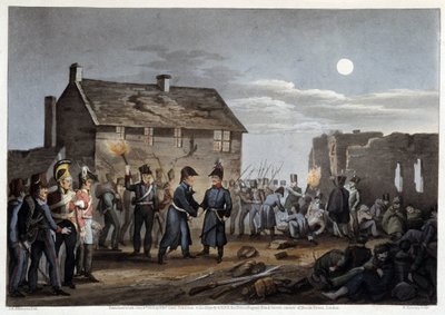 Wellington og Blucher mødes tilfældigt i Waterloo - i "" Historiske, militære og flådeanekdoter og hændelser, der ankom til Bretagnes hære og deres allierede, og endte i Waterloo"" af Edward Orme, ill. af Atkinson, London af Unknown artist